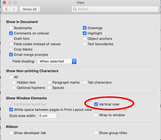 Ruler display options in MS Word for Mac..